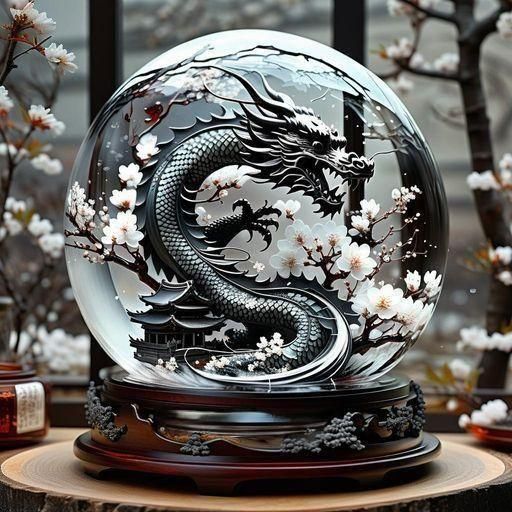 Fiery Dragon Snowglobe in Encaustic Style
