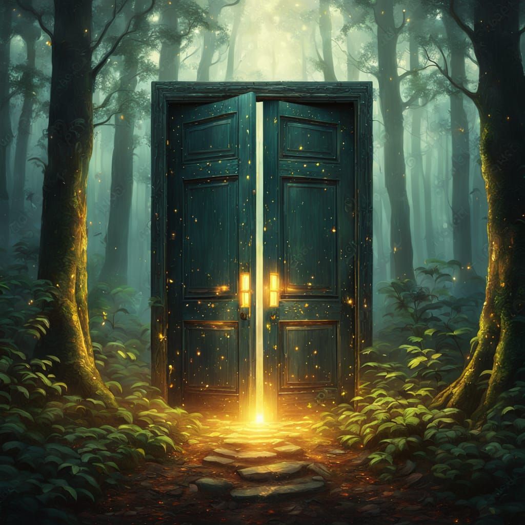 Mystical Glowing Door in Forest Oil Painting