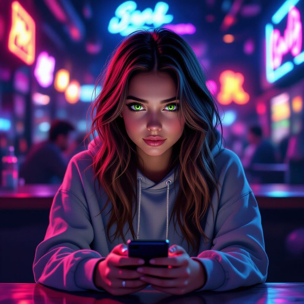 Teen at Bar in Ash Thorp Cyberpunk Style