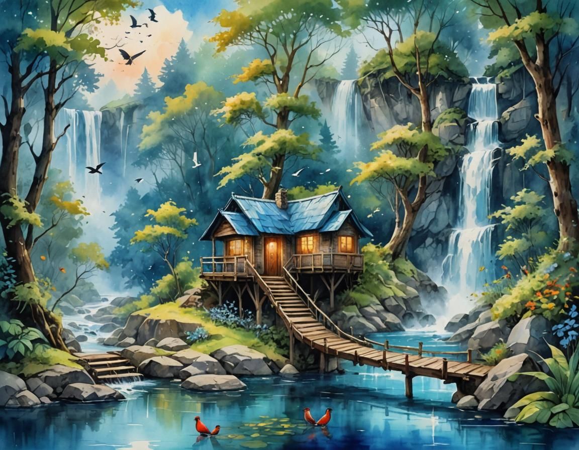 Fantasy Forest Boat Hut in Watercolor Style