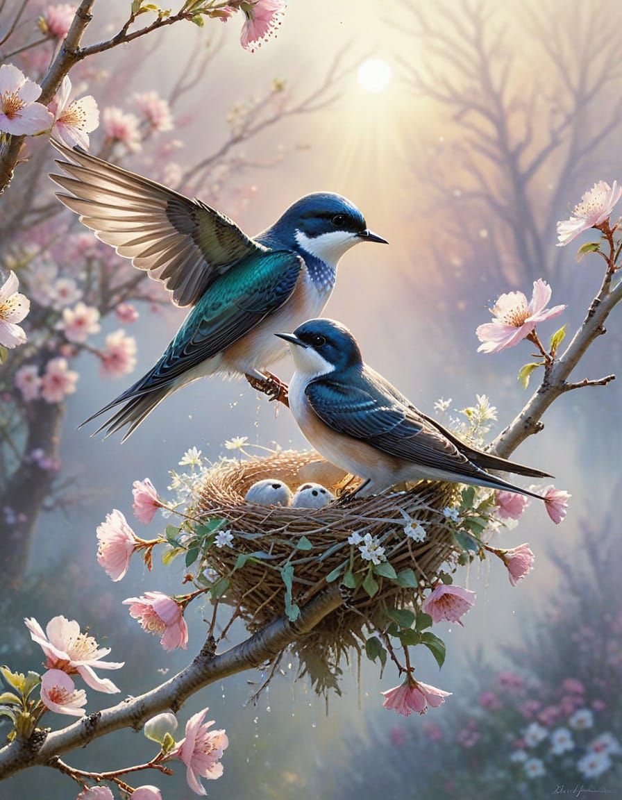 Tree Swallow Family at Dawn in Ethereal Watercolor