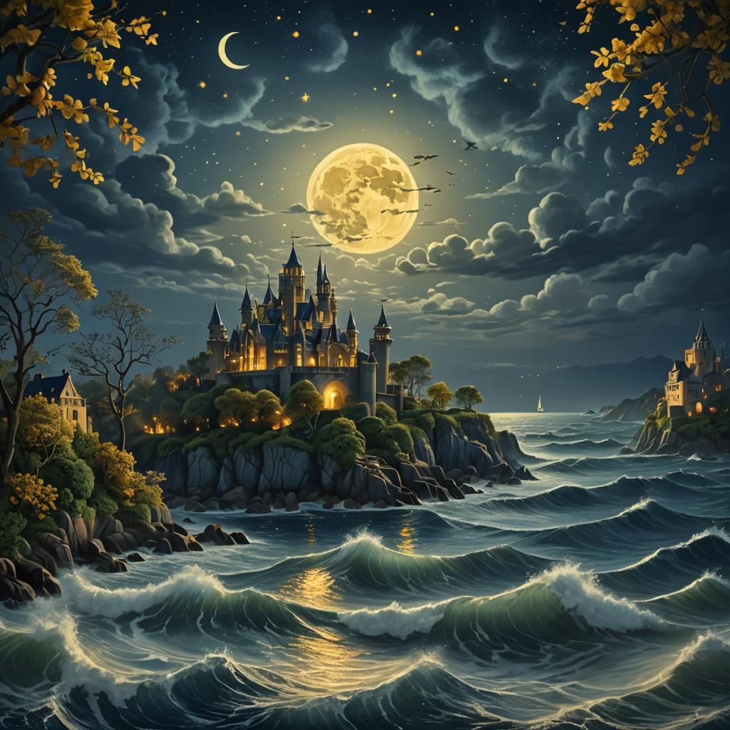 Moonlit Castle Seascape in Impressionist Style