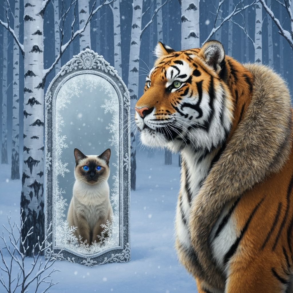 Siberian Tiger Views Siamese Cat in Mirror