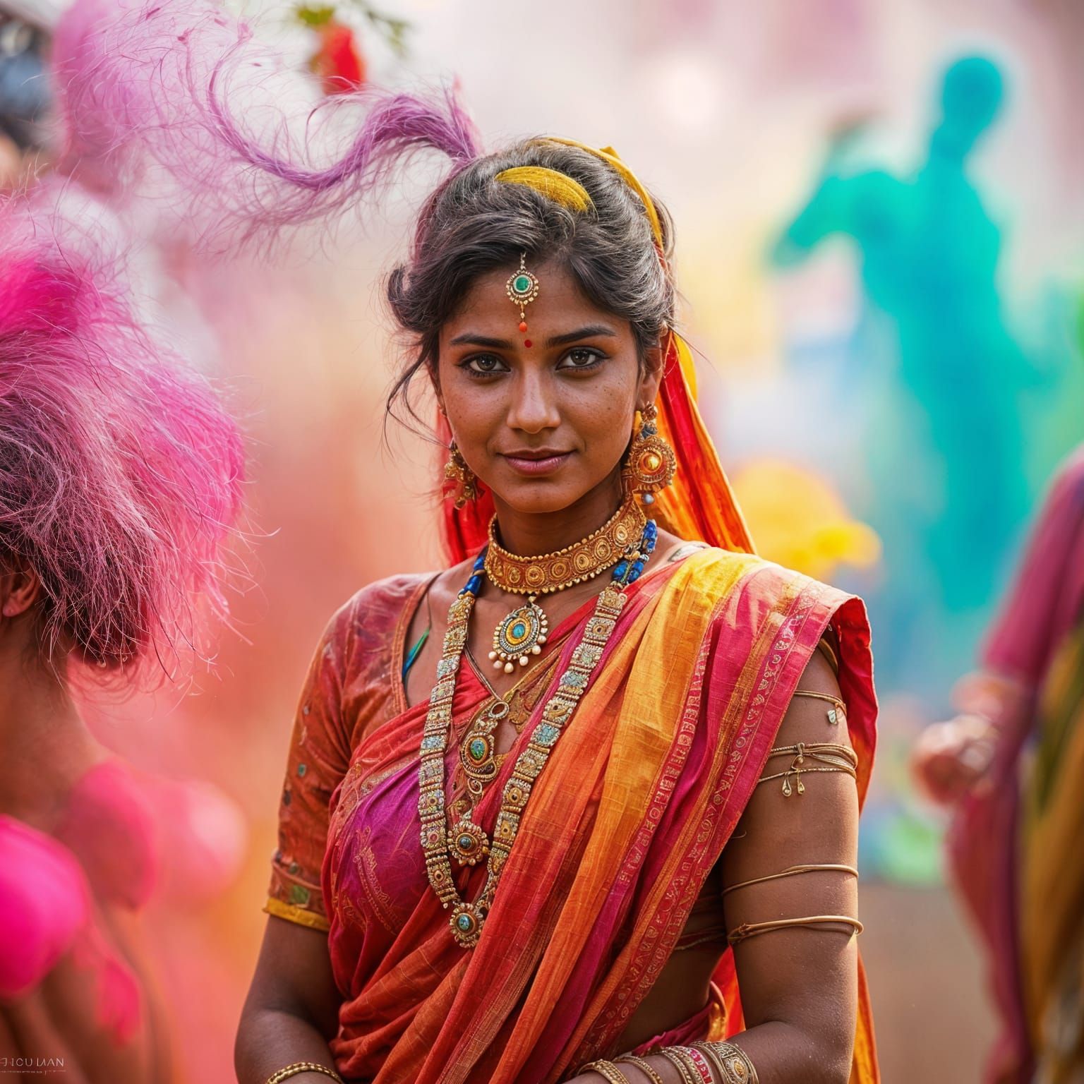 Indian Woman Radiates Joy at Vibrant Colour Festival