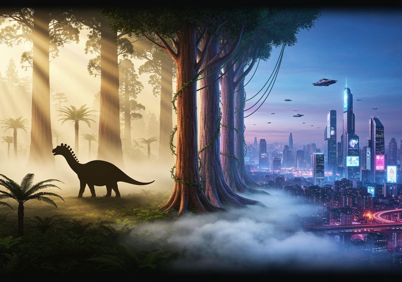 Prehistoric Dawn to Cyberpunk Cityscape Transition