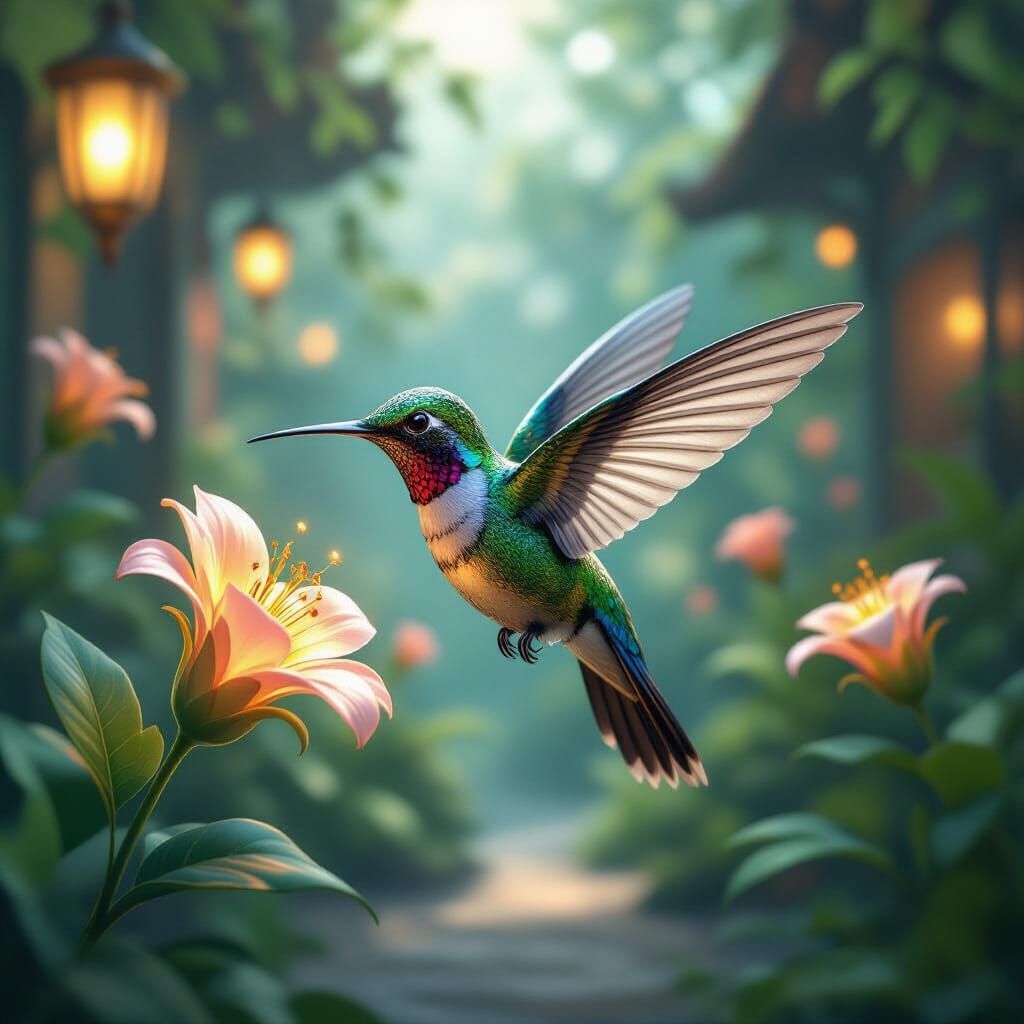 Mechanical Hummingbird in Alien Marketplace, Hyperrealistic ...