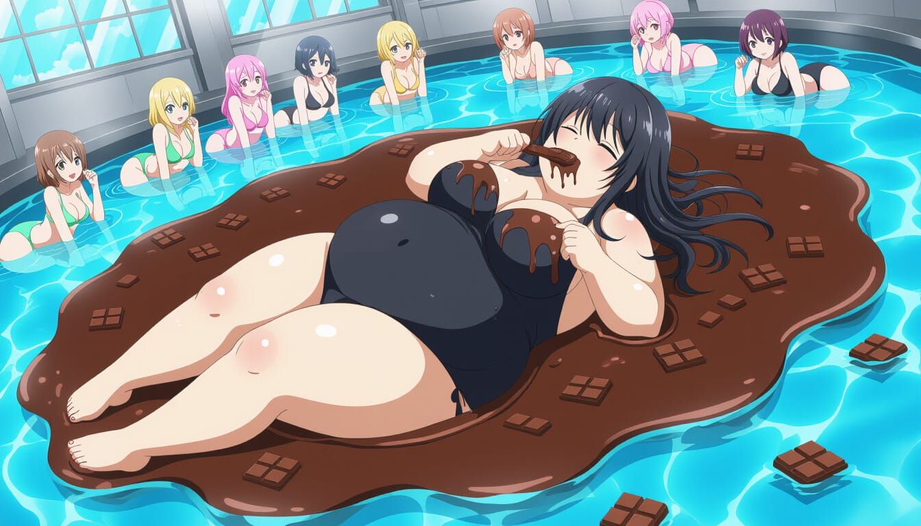 Obese Anime Girl Enjoying Chocolate in Factory