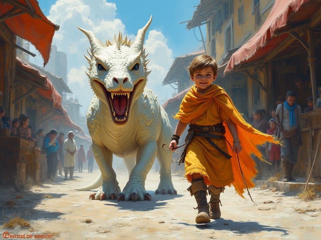 Boy Leads Dragon Through Market Square