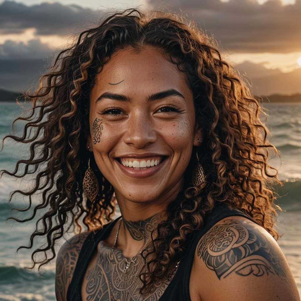 Māori Girl Portrait with Tattoos and Ocean Backdrop