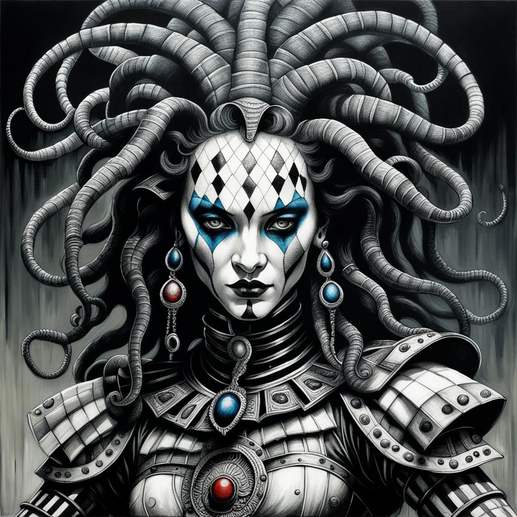 Weeping Harlequin Medusa Portrait in Scratchboard Style