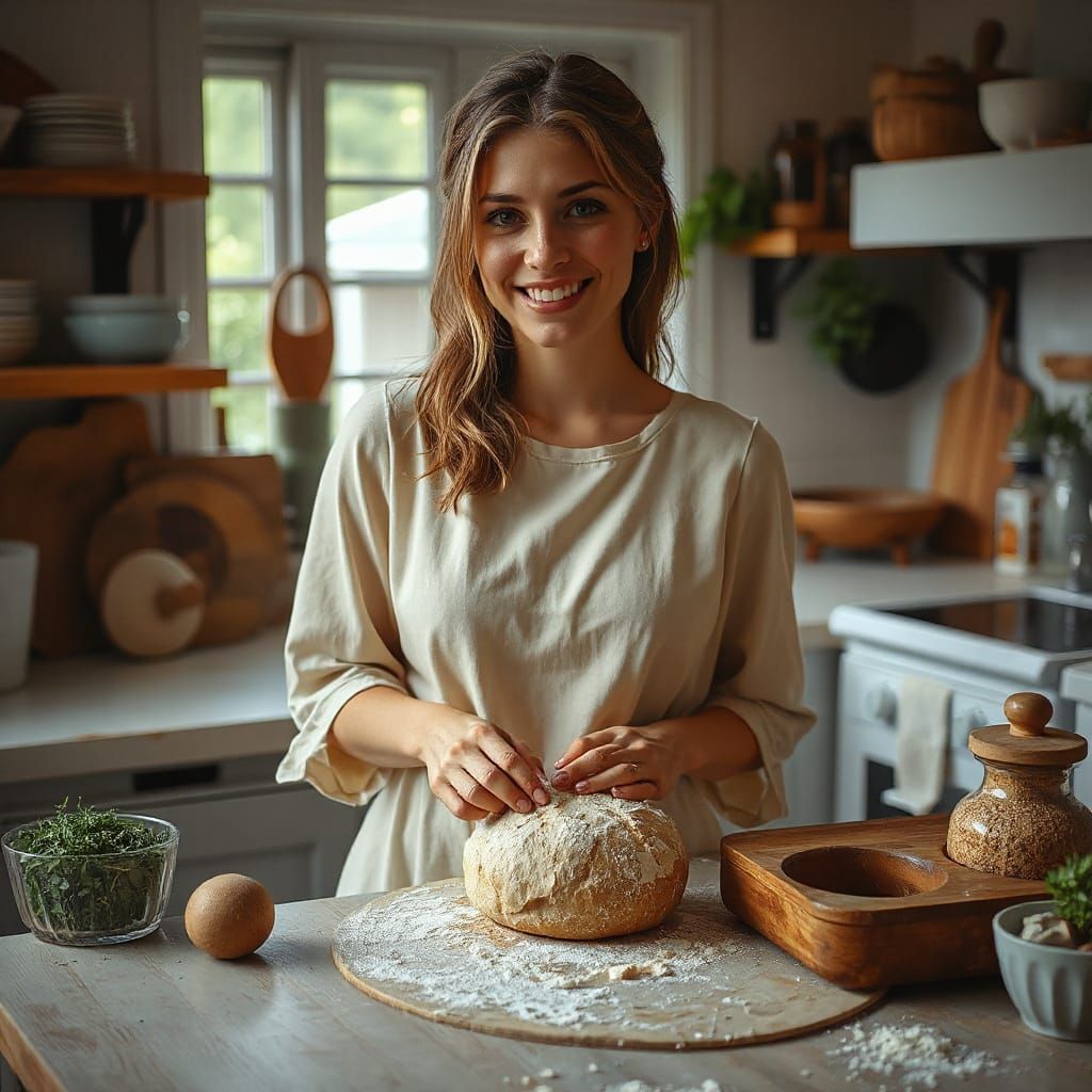 Serene Kitchen Scene with Woman Kneading Dough