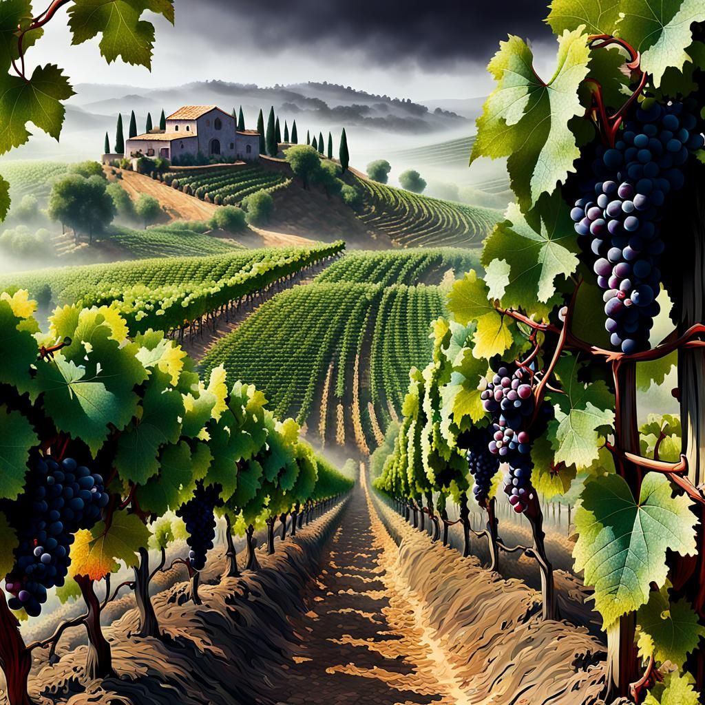 Enchanting Vineyard with Mystical Mist: Digital Art