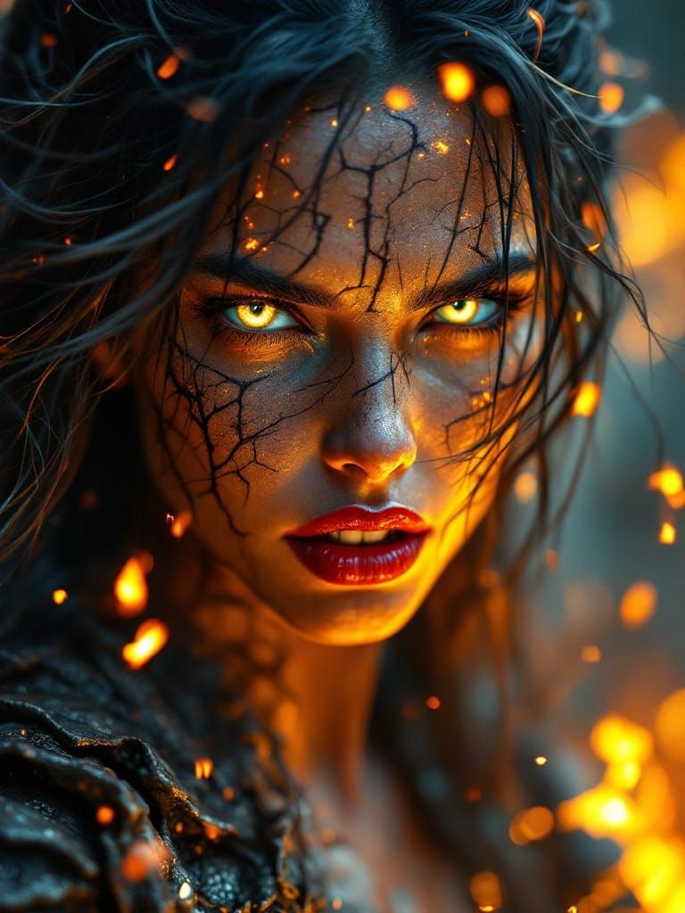 Surreal Warrior Goddess Awakens Amidst Blazing Rebirth