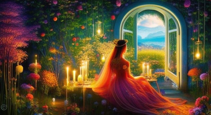 Woman in Floral Room with Wine, Gouache Style