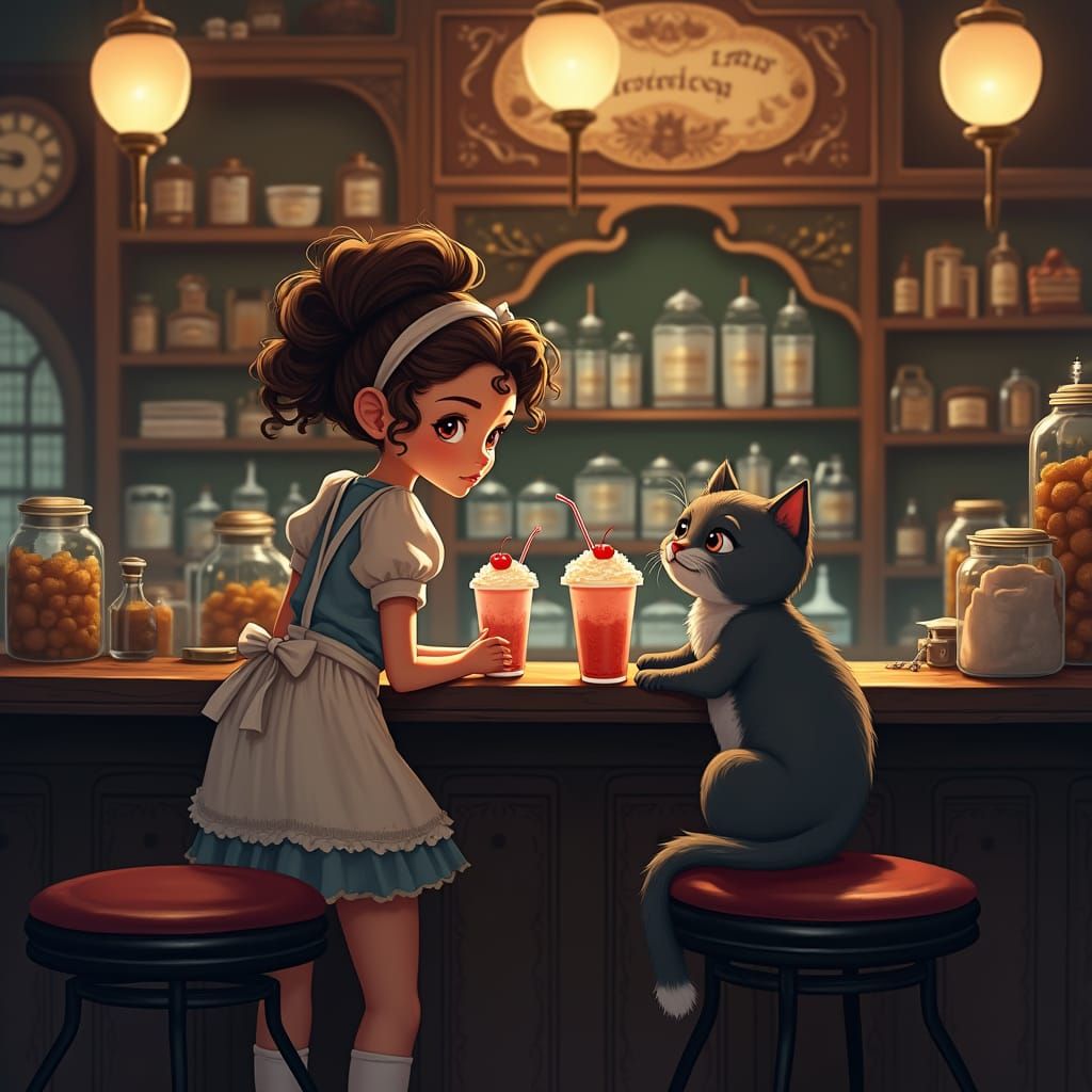 Cats Enjoy Milkshakes at a Soda Fountain