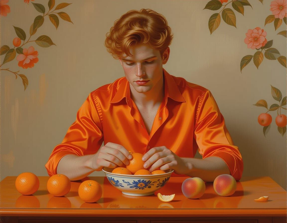 Man Peeling Orange in Rembrandt-Inspired Oil Painting