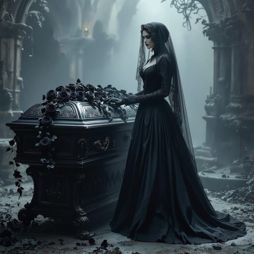 Gothic Lady Beside Coffin in Mystical Setting