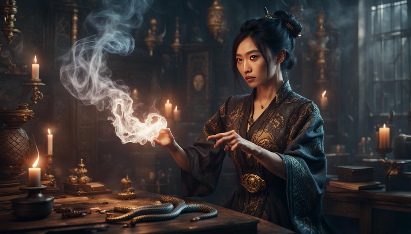 Asian Witch Performs Python Magic, Fantasy Art