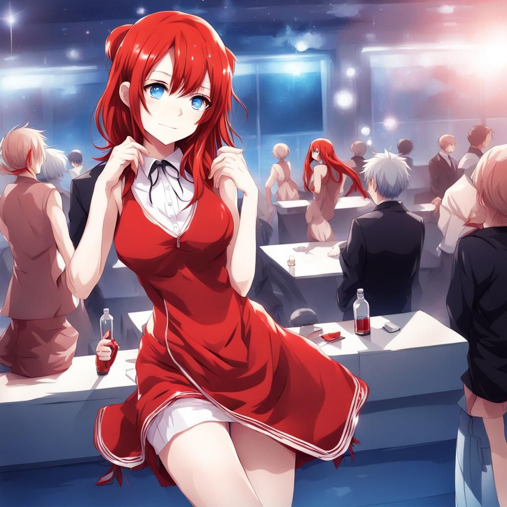 Anime Girl in Red Dress with Red Hair