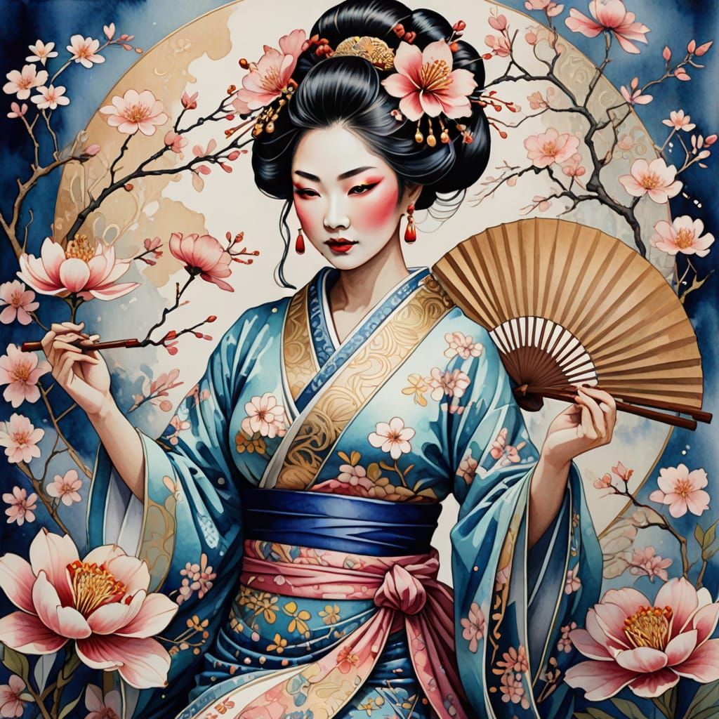 Dreamlike Geisha Performs Fan Dance in Whimsical Watercolor ...