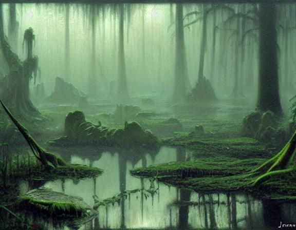 Misty Swamp Planet in a James Gurney Oil Painting Style