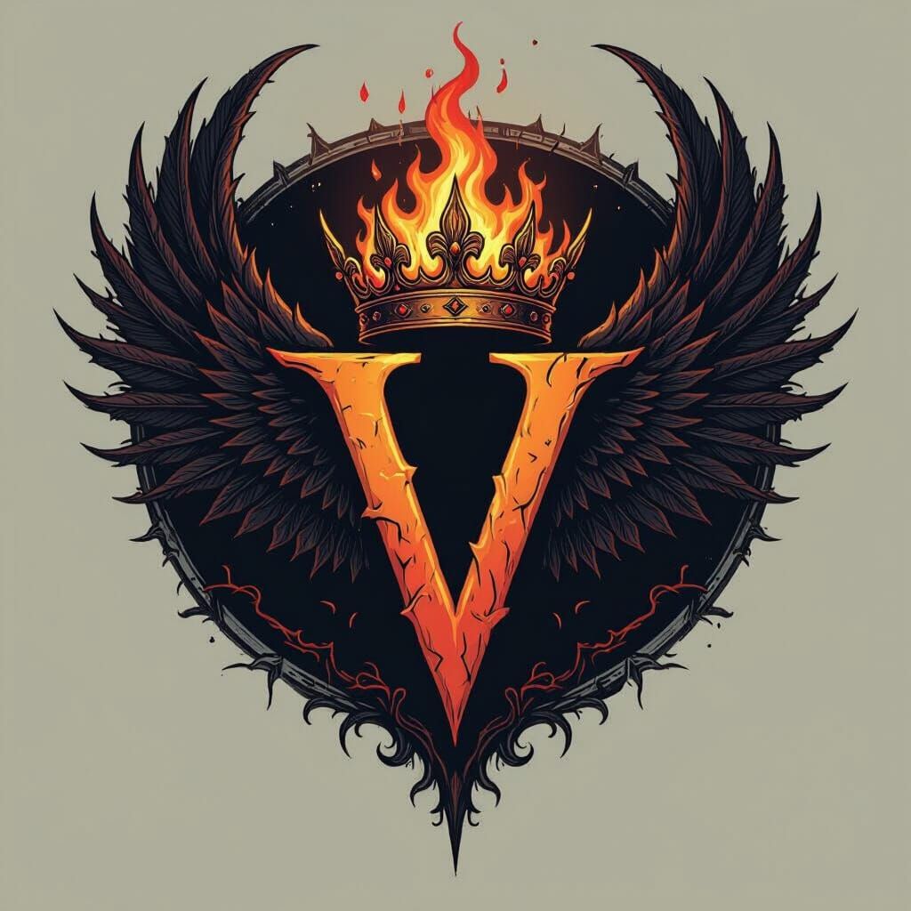 Stylized V Logo with Flaming Devil Crown