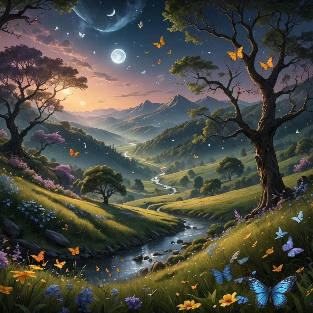 Fantastical Landscape: Streams Flowing Under Moonlight