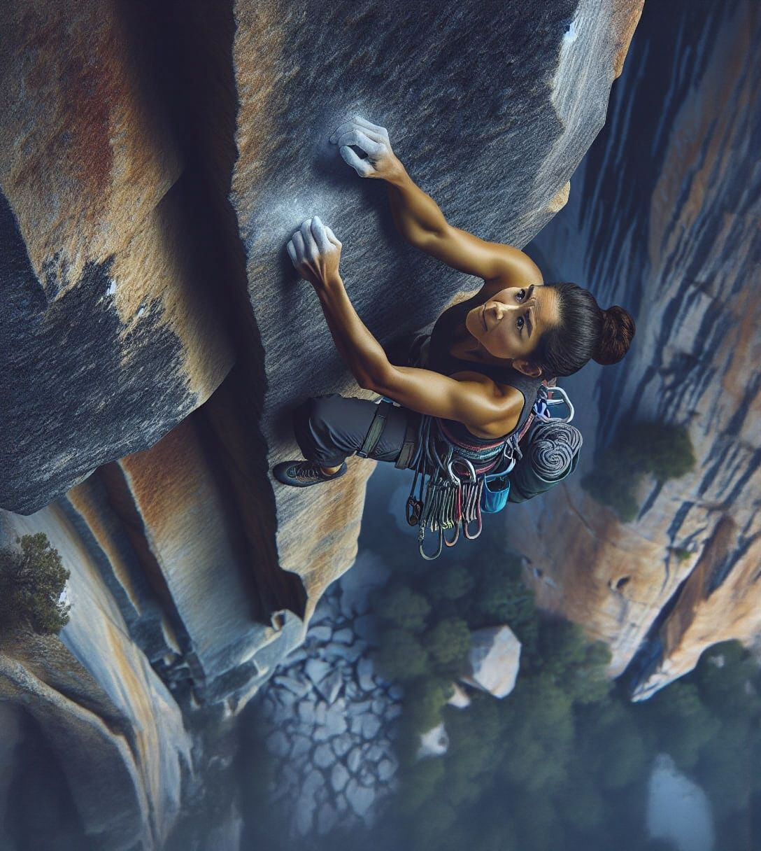 Hispanic Woman Rock Climbing in Oil Paint Style