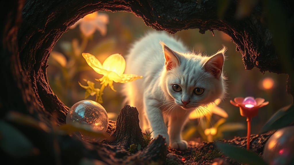 Moonlit Cat Explores Mystical Forest Grove