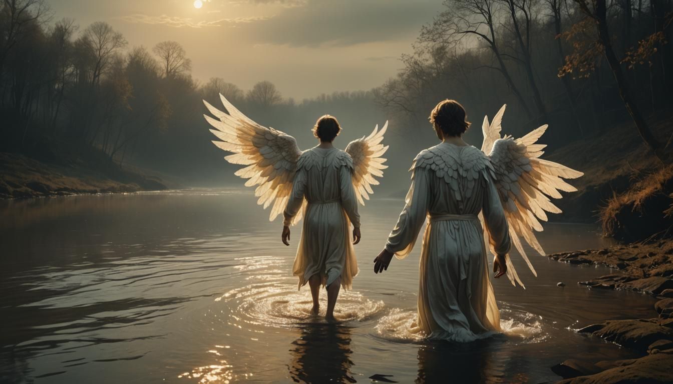 Ethereal Dark Angel in River, Fantasy Art