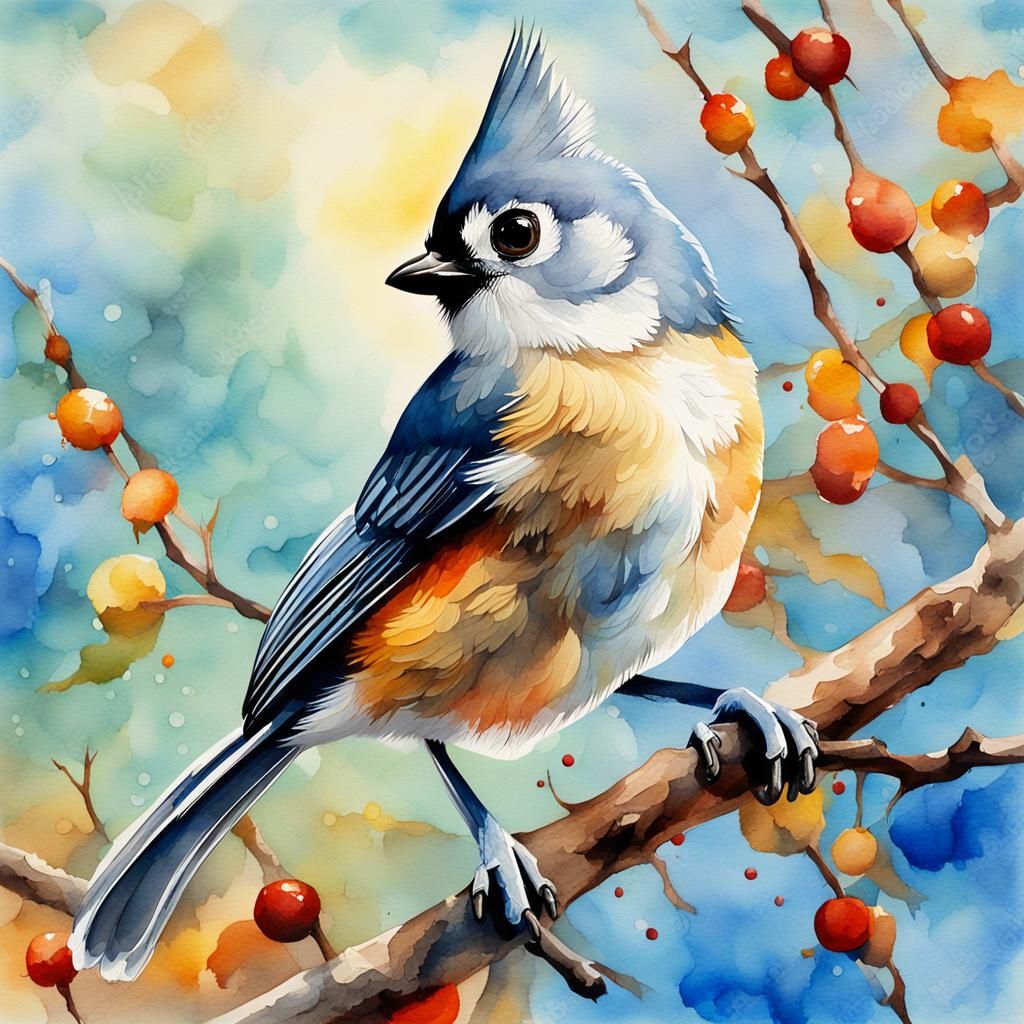 Watercolor Tufted Titmouse on Branch