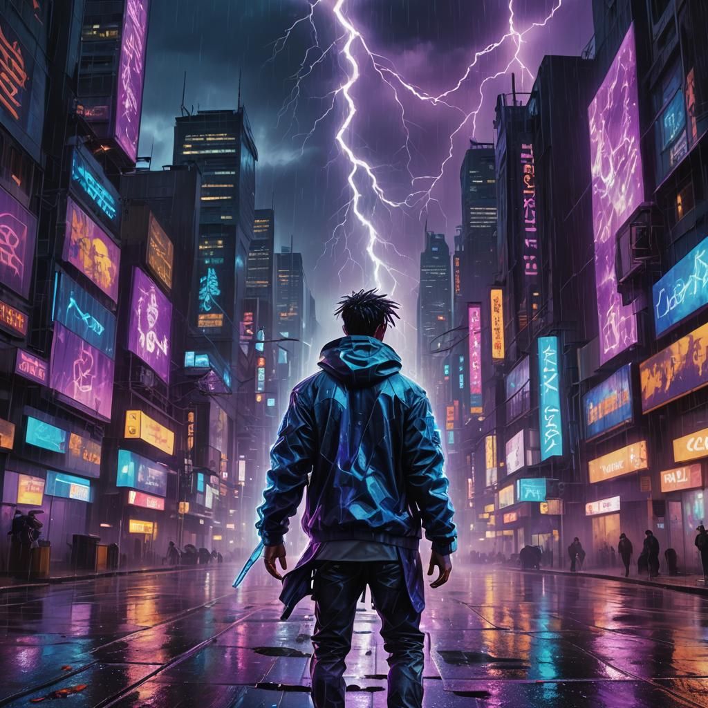 Cyberpunk Cityscape Ablaze with Astral Lightning