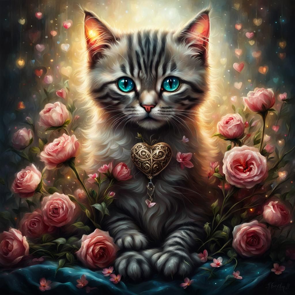 Cute Cat Surrounded by Flowers as Surrealist Photo