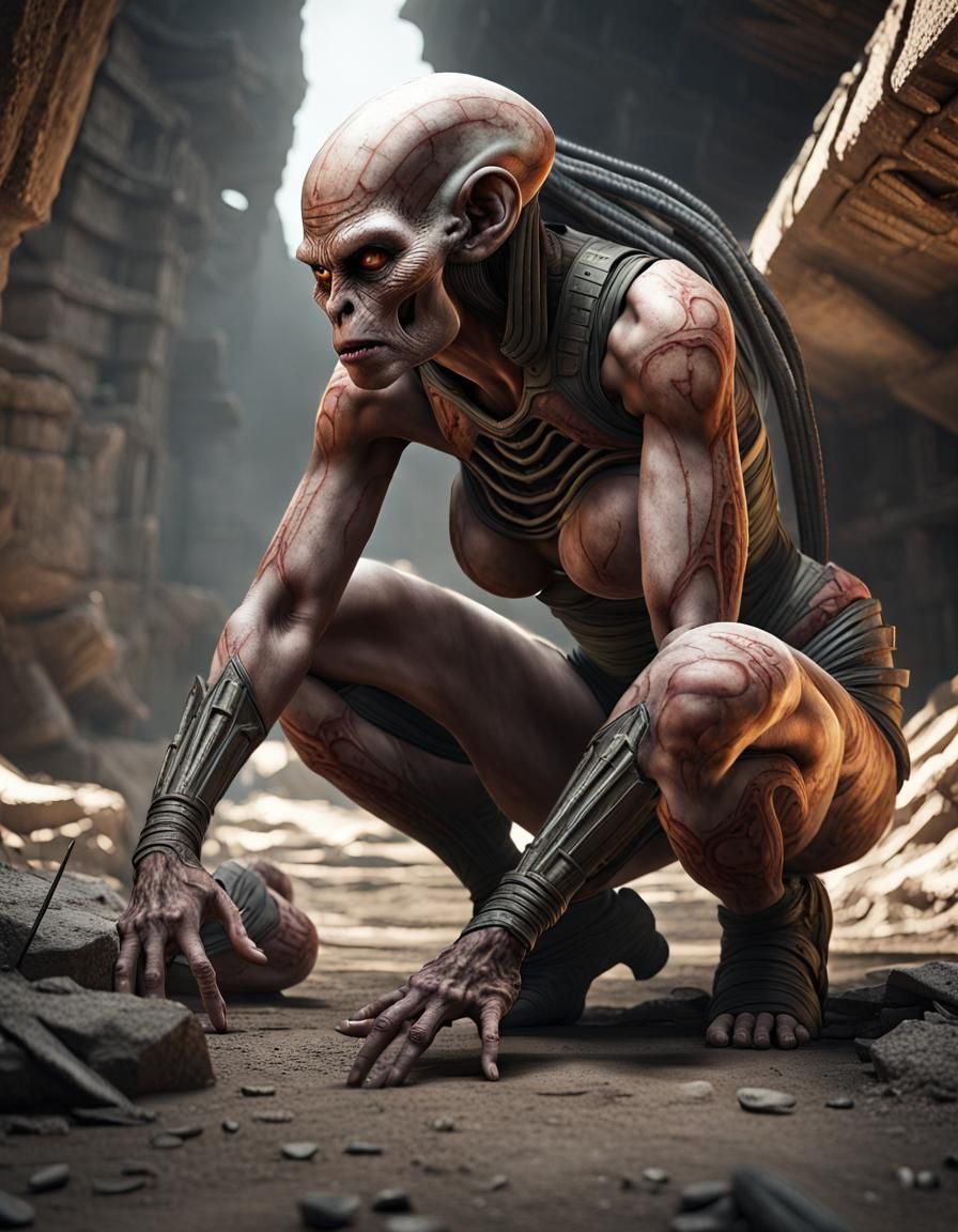 A massive muscular simian warrior woman in primitive garb cr...