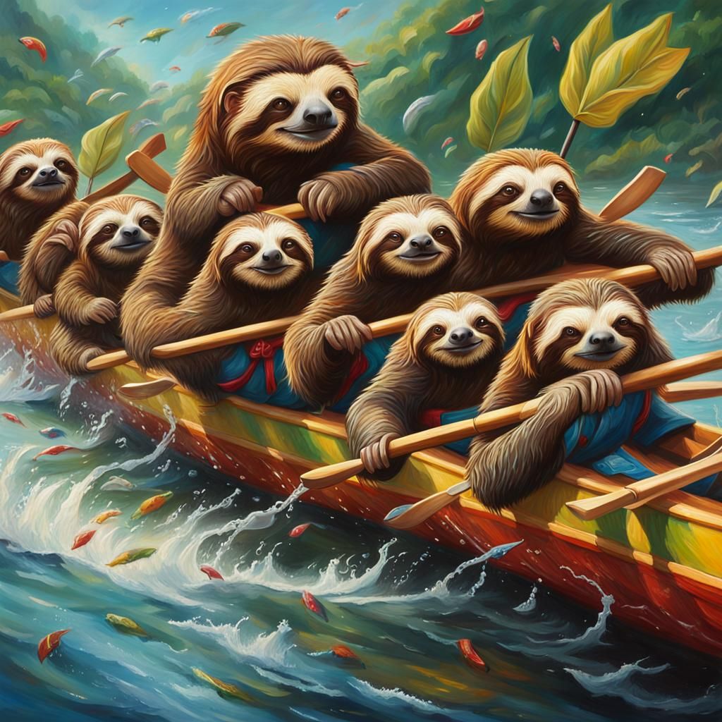 Sloths Race Dragon Boats: Hyperrealistic Oil Painting