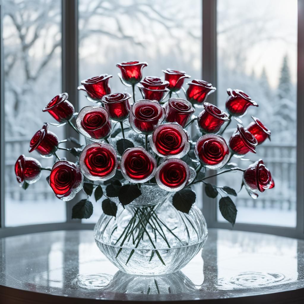 Chiseled Glass Roses in Winter Garden Veranda