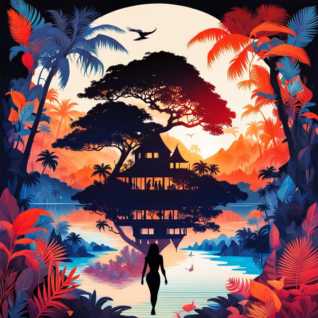 Jungle Paradise Island: Surreal Double Exposure Collage