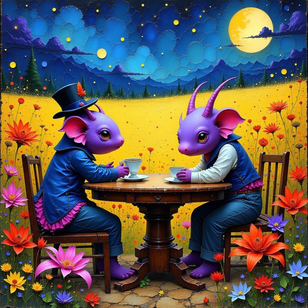 Axolotls Sip Coffee Under Starry Sky as Impasto Painting