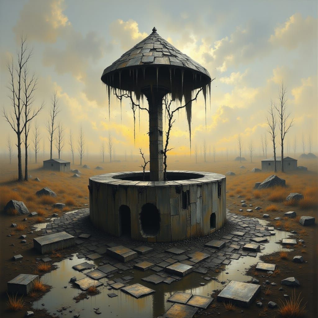 Abandoned Well in Grim Dystopian Landscape