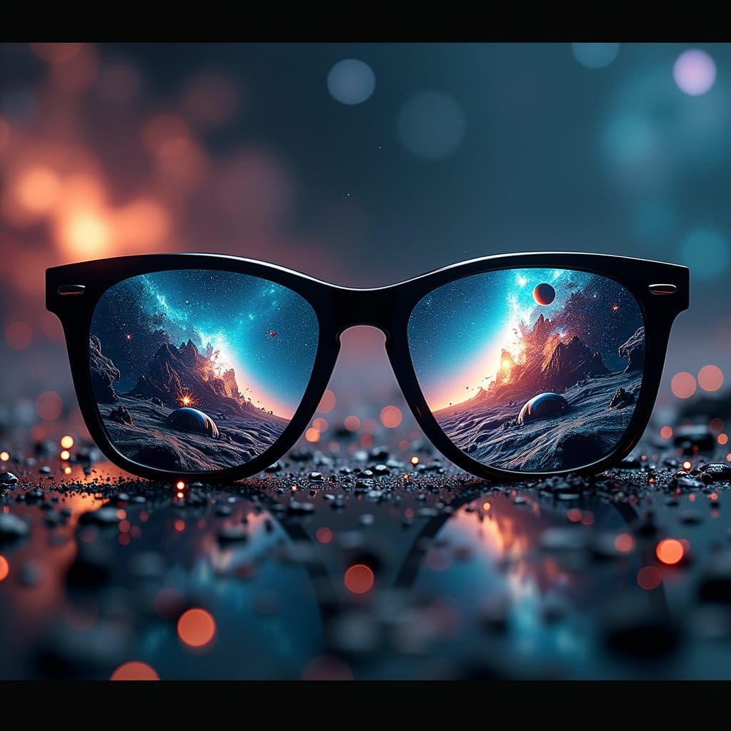 hyperrealistic, Sunglasses glass with a miniature universum ...