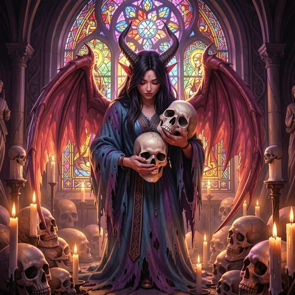 Demon Embracing Skull Amidst Skulls and Candles