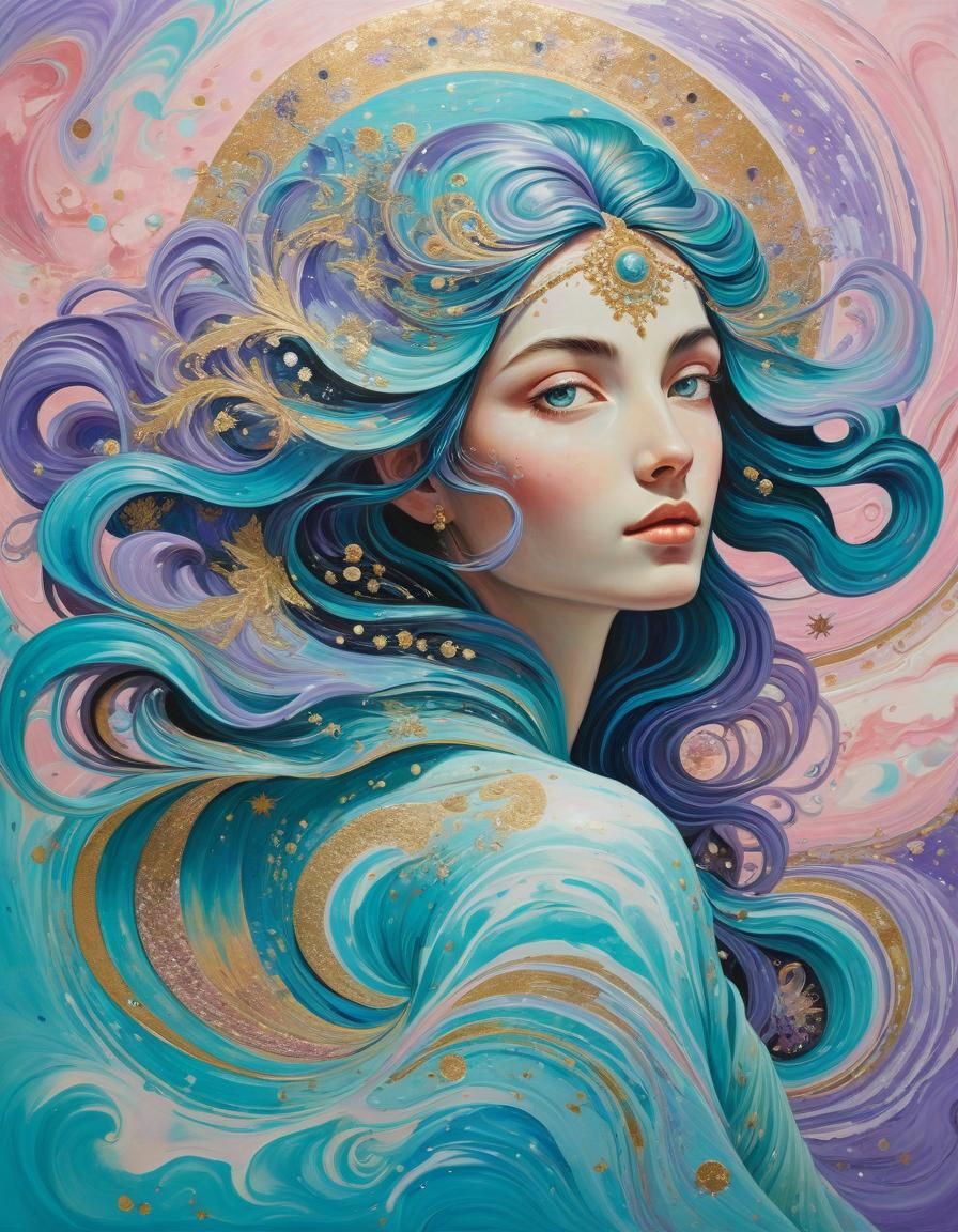 Ebru Painting of Radiant Woman in Celestial Universe