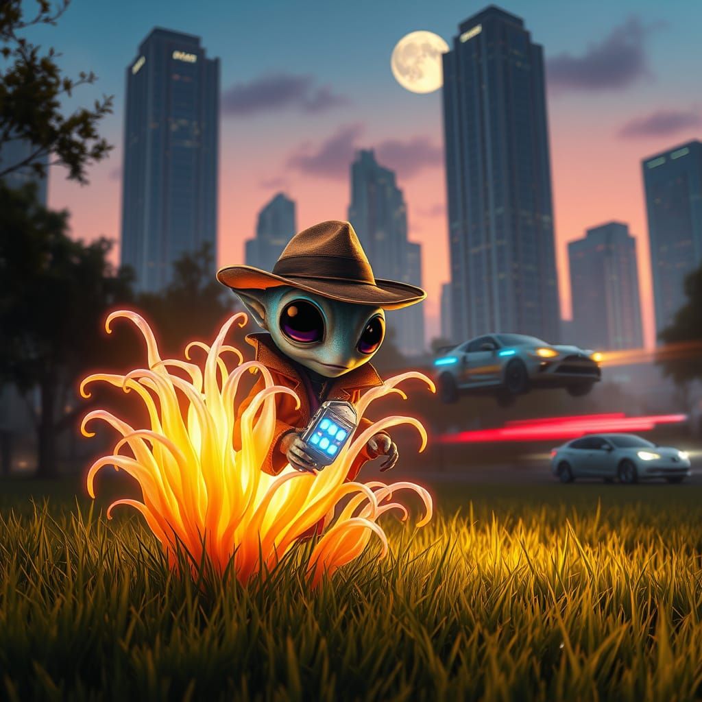 Mysterious Alien Spy in a Futuristic Park at Night