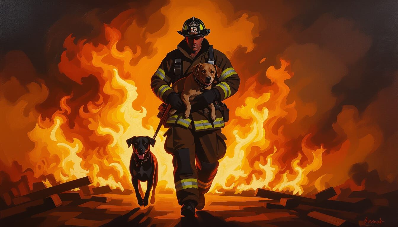 Fireman Rescues Dog From Flames in Chiaroscuro Style