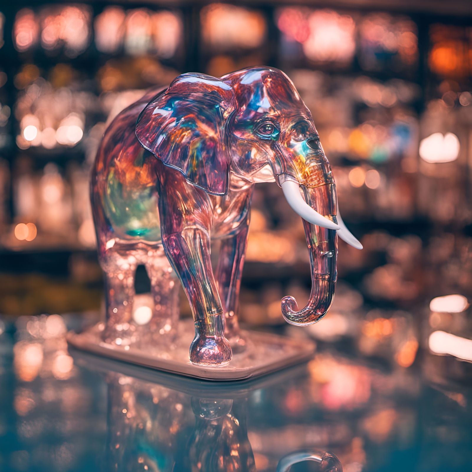 Blown Glass Elephant in China Shop at Night