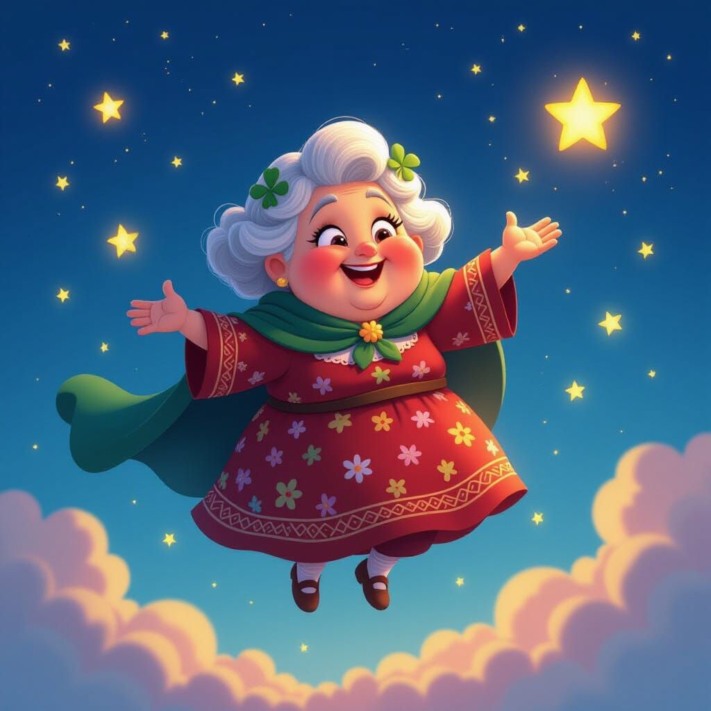 Grandma Soaring Through Starry Night Sky