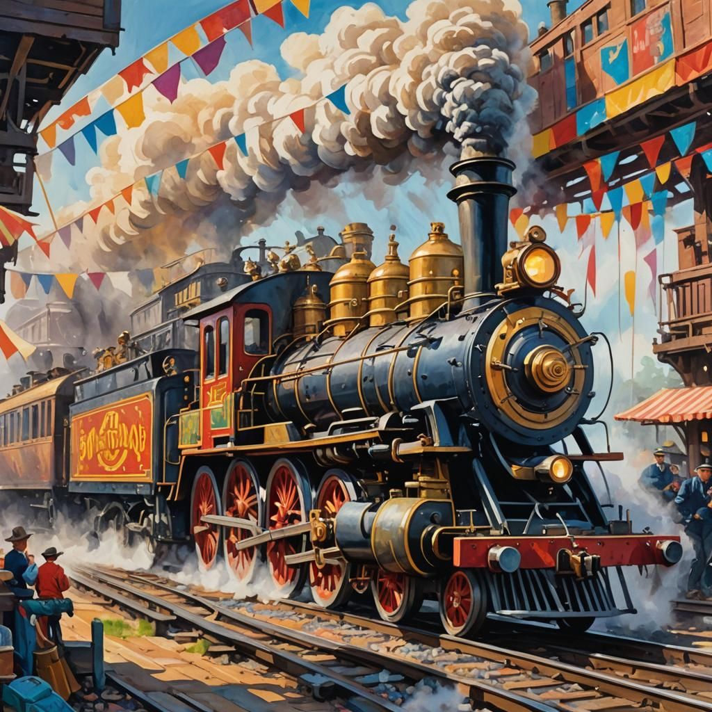 Circus Elephants Ride a Steam Engine: Impressionist Gouache