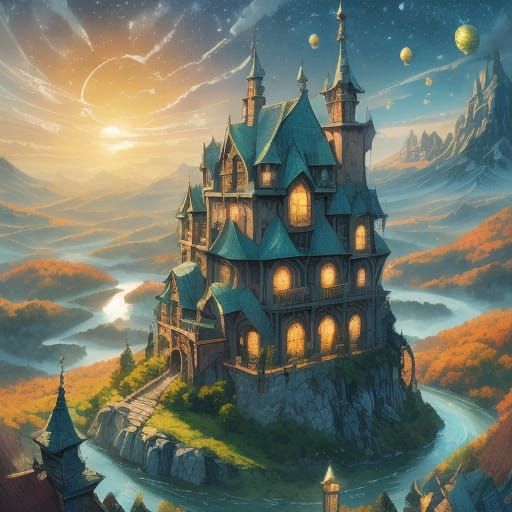 <lora:Animation:1.0>  A fantasy castle in the middle of the island during sunset.  Sky with floating planets make the sc...