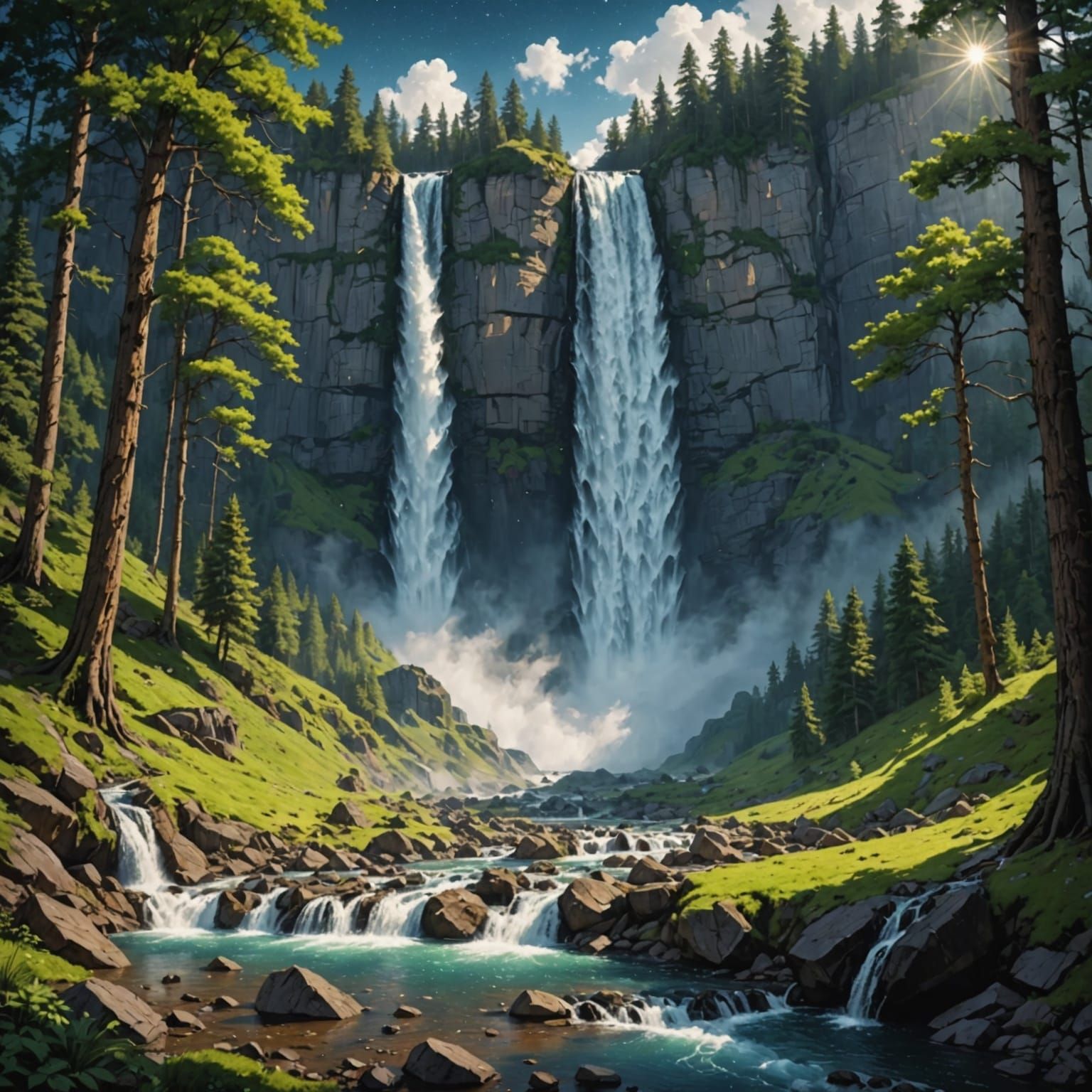 Enormous Star Waterfall Flowing to Forest