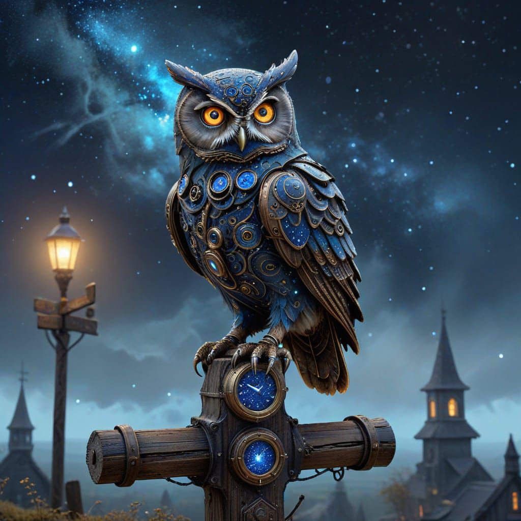 Clockwork Owl Vigil in Mystical Night Sky